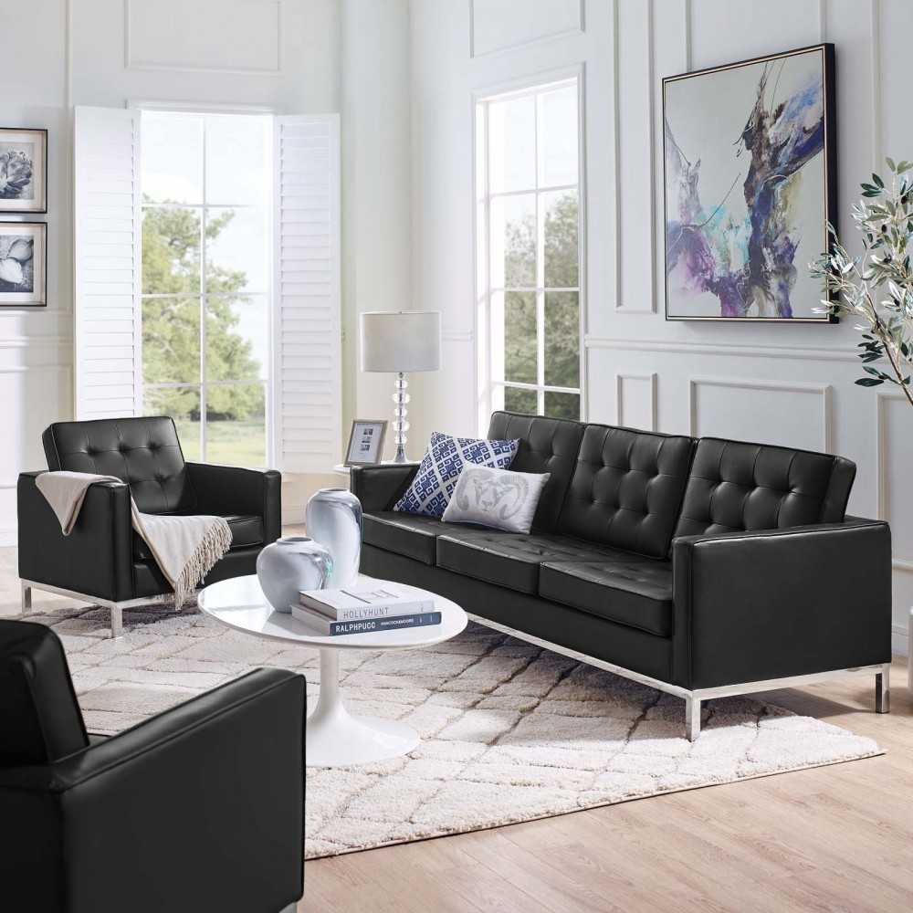 Loft Tufted Upholstered Faux Leather Sofa and Armchair Set, Silver Black