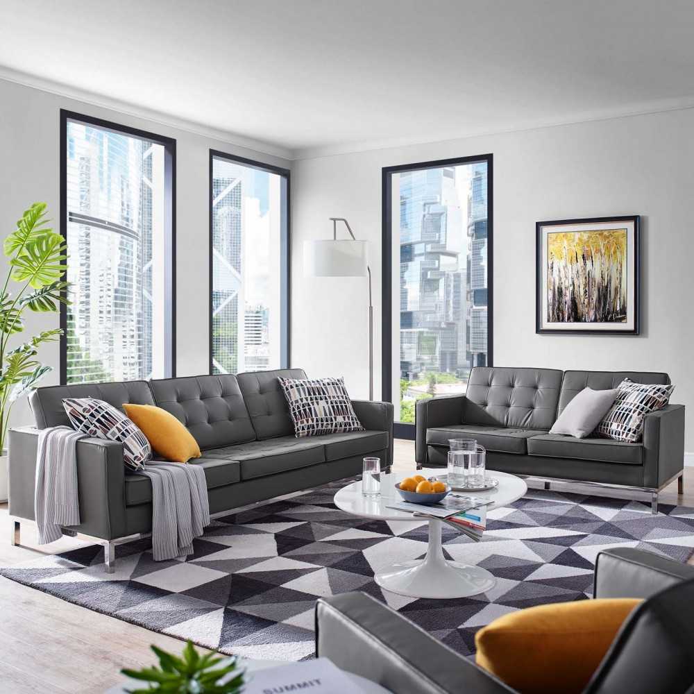 Loft Tufted Upholstered Faux Leather Sofa and Loveseat Set, Silver Gray