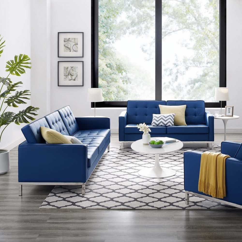 Loft Tufted Upholstered Faux Leather Sofa and Loveseat Set, Silver Navy