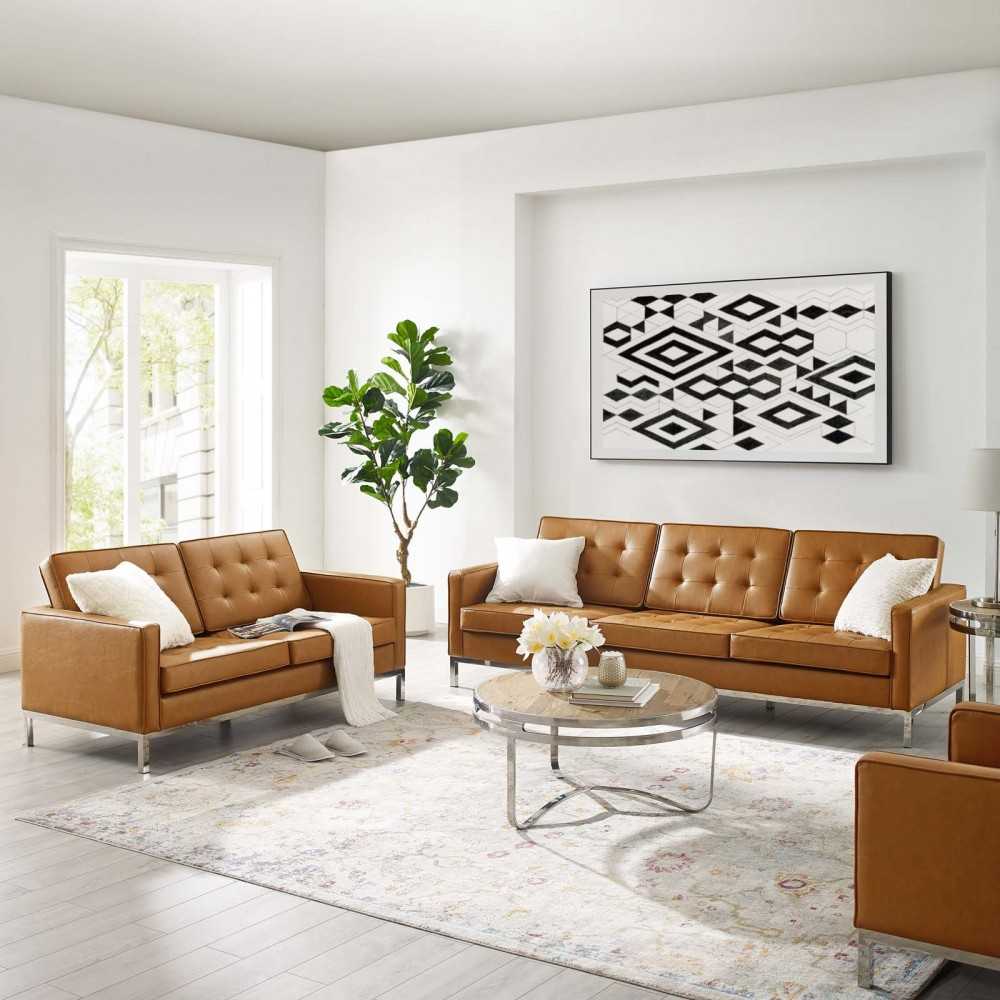 Loft Tufted Upholstered Faux Leather Sofa and Loveseat Set, Silver Tan