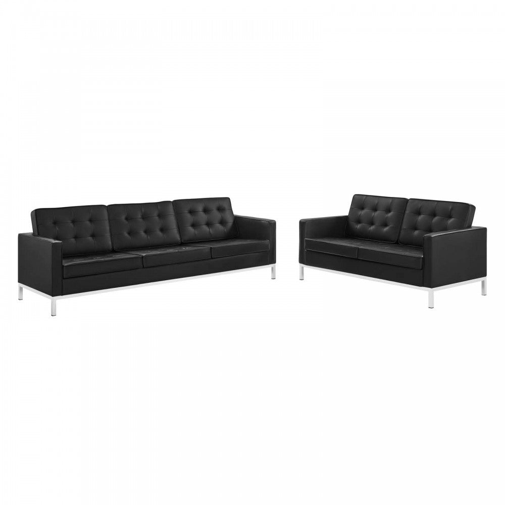 Loft Tufted Upholstered Faux Leather Sofa and Loveseat Set, Silver Black
