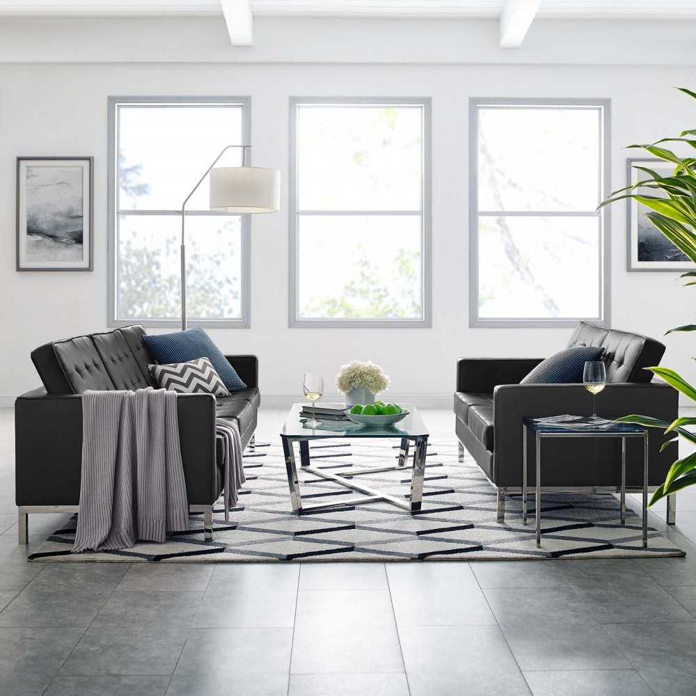 Loft Tufted Upholstered Faux Leather Sofa and Loveseat Set, Silver Black