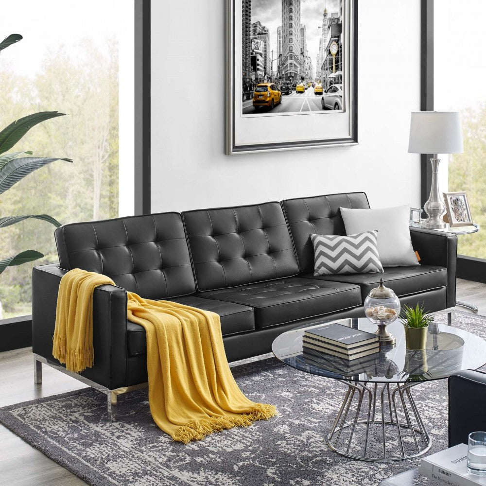 Loft Tufted Upholstered Faux Leather Sofa, Silver Black