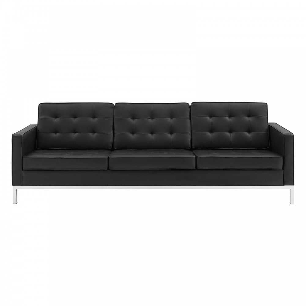 Loft Tufted Upholstered Faux Leather Sofa, Silver Black