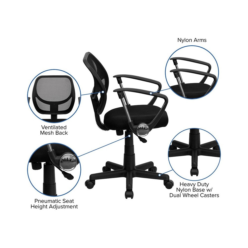 Low Back Black Mesh Swivel Task Office Chair with Curved Square Back and Arms