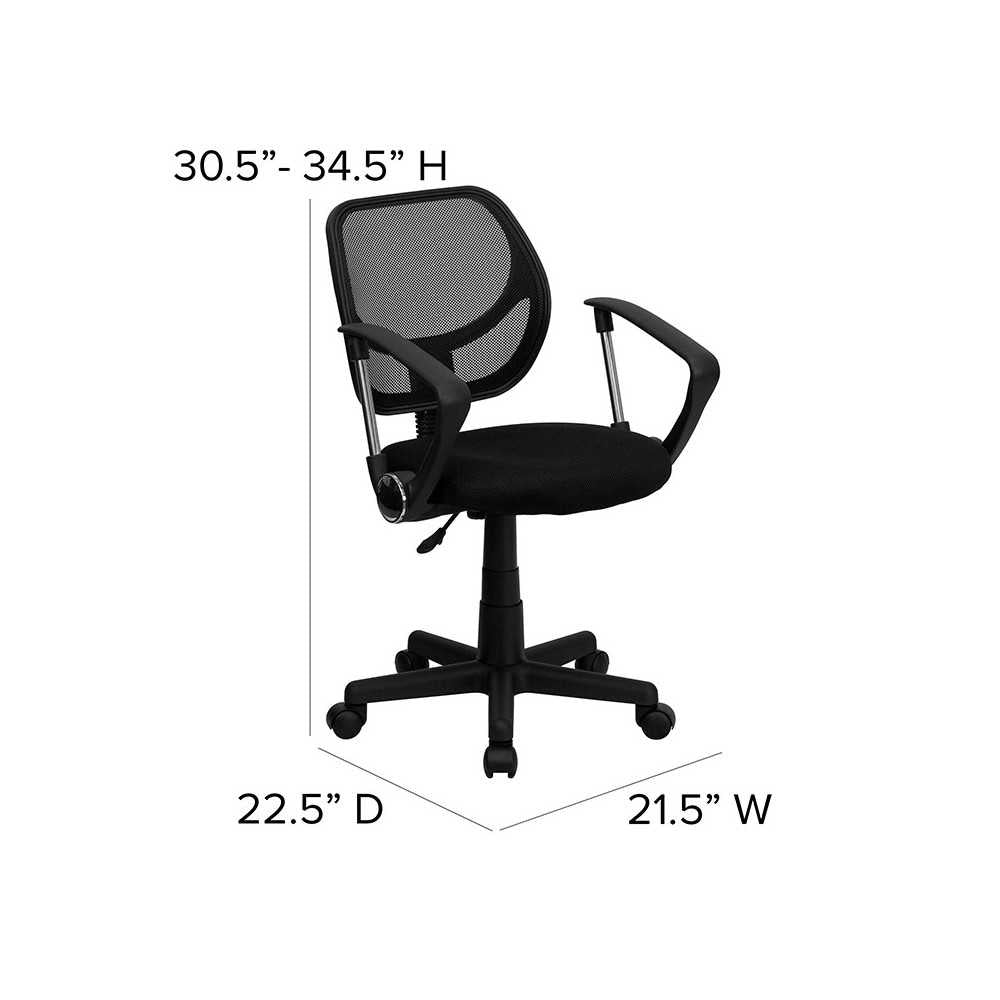 Low Back Black Mesh Swivel Task Office Chair with Curved Square Back and Arms