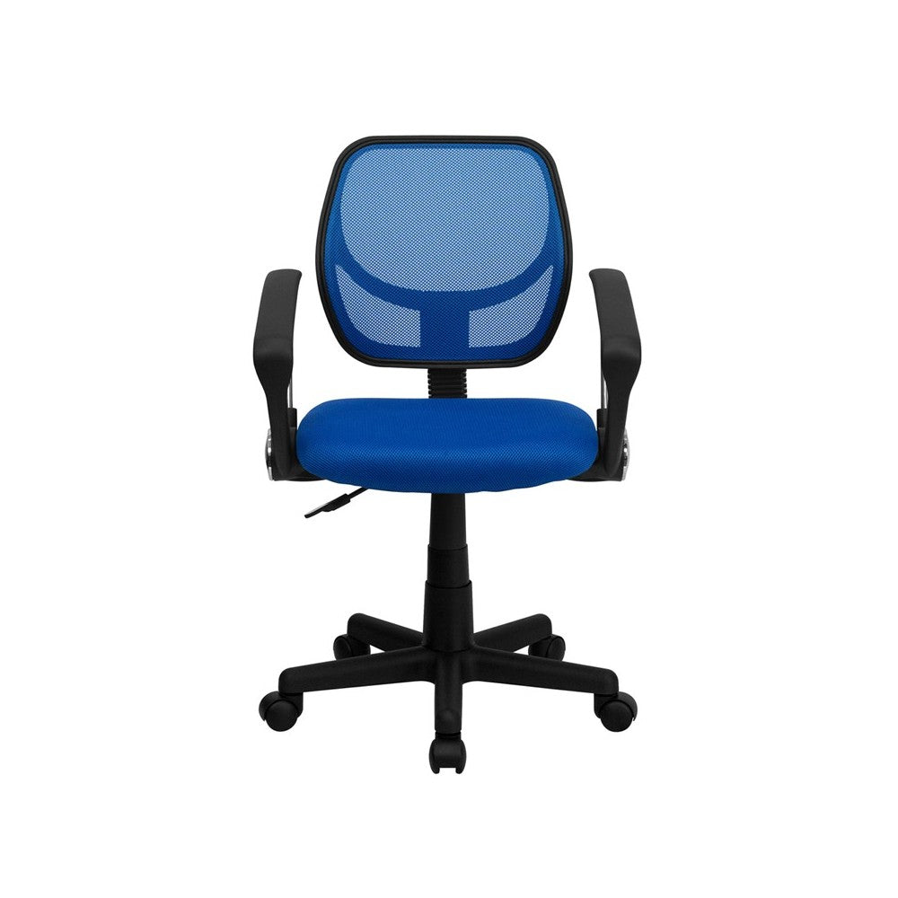 Low Back Blue Mesh Swivel Task Office Chair with Curved Square Back and Arms