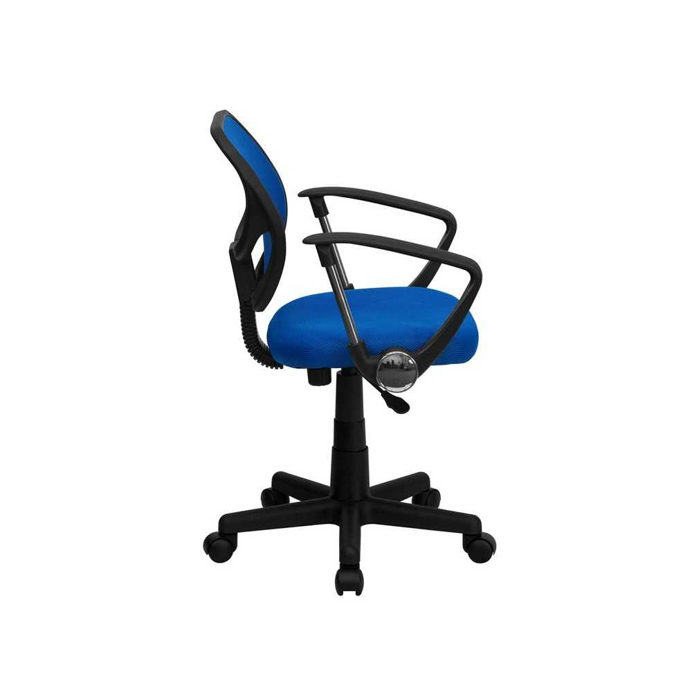 Low Back Blue Mesh Swivel Task Office Chair with Curved Square Back and Arms