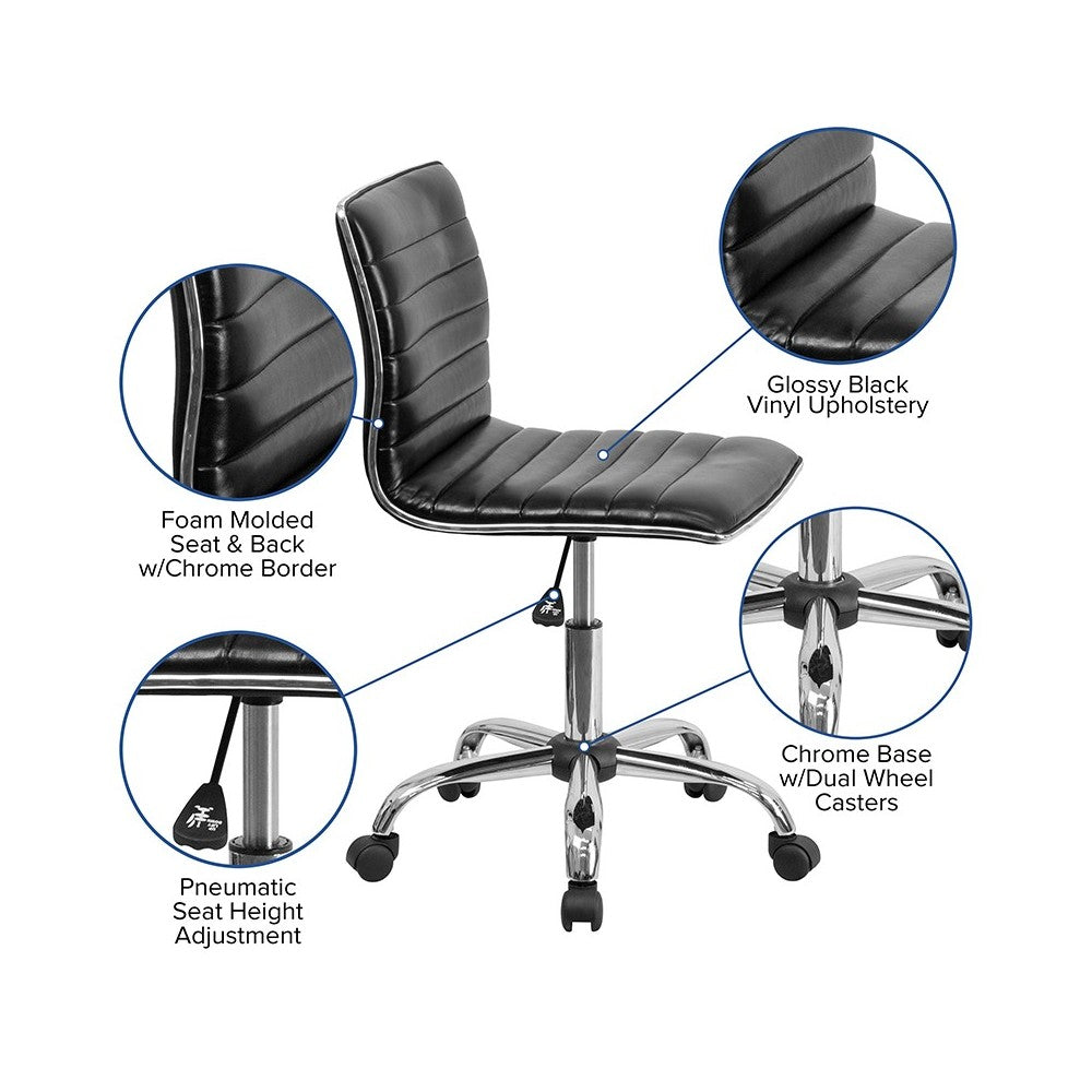 Low Back Designer Armless Black Ribbed Swivel Task Office Chair