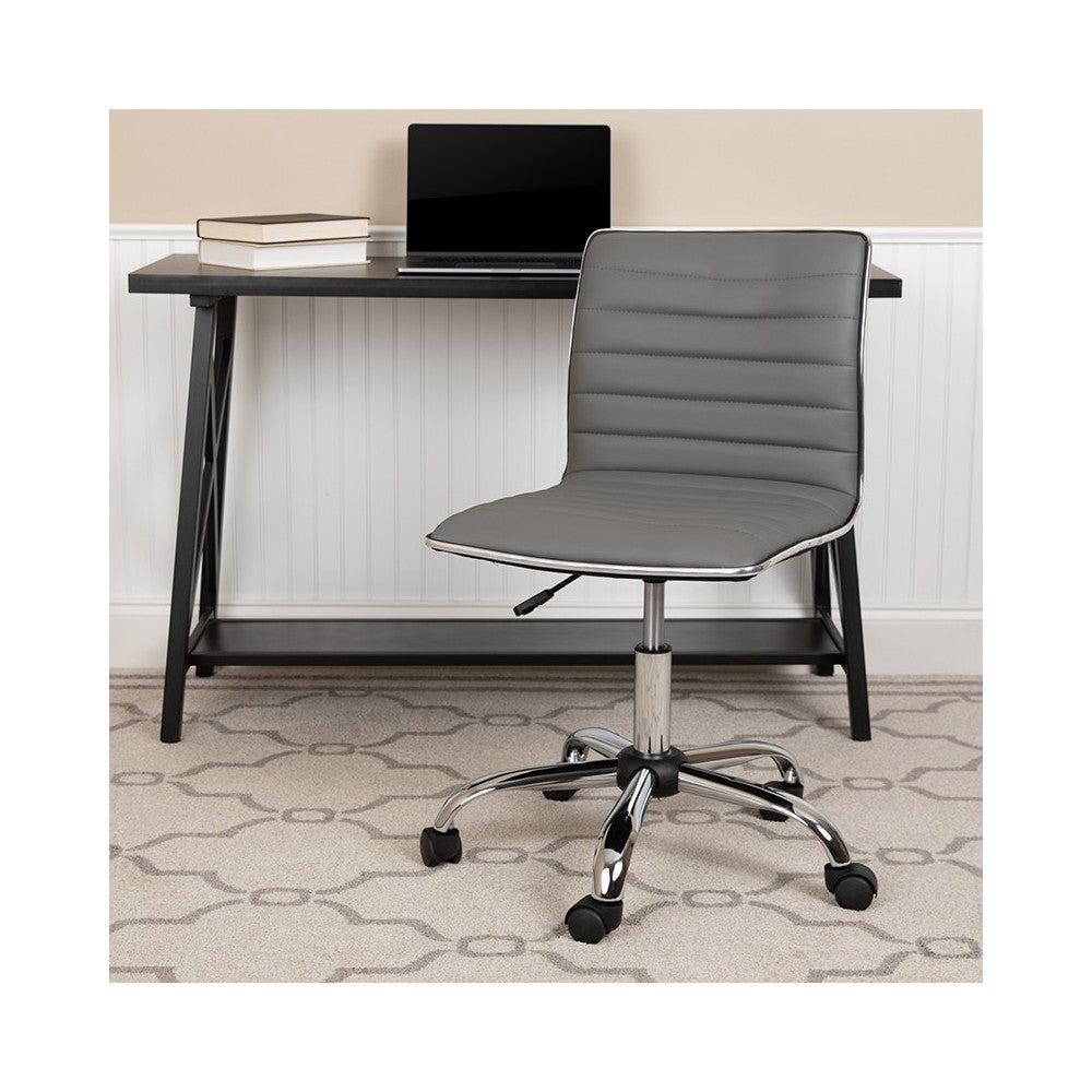 Low Back Designer Armless Light Gray Ribbed Swivel Task Office Chair