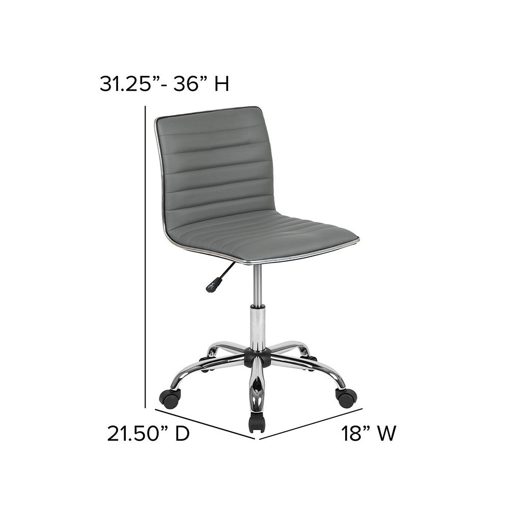 Low Back Designer Armless Light Gray Ribbed Swivel Task Office Chair