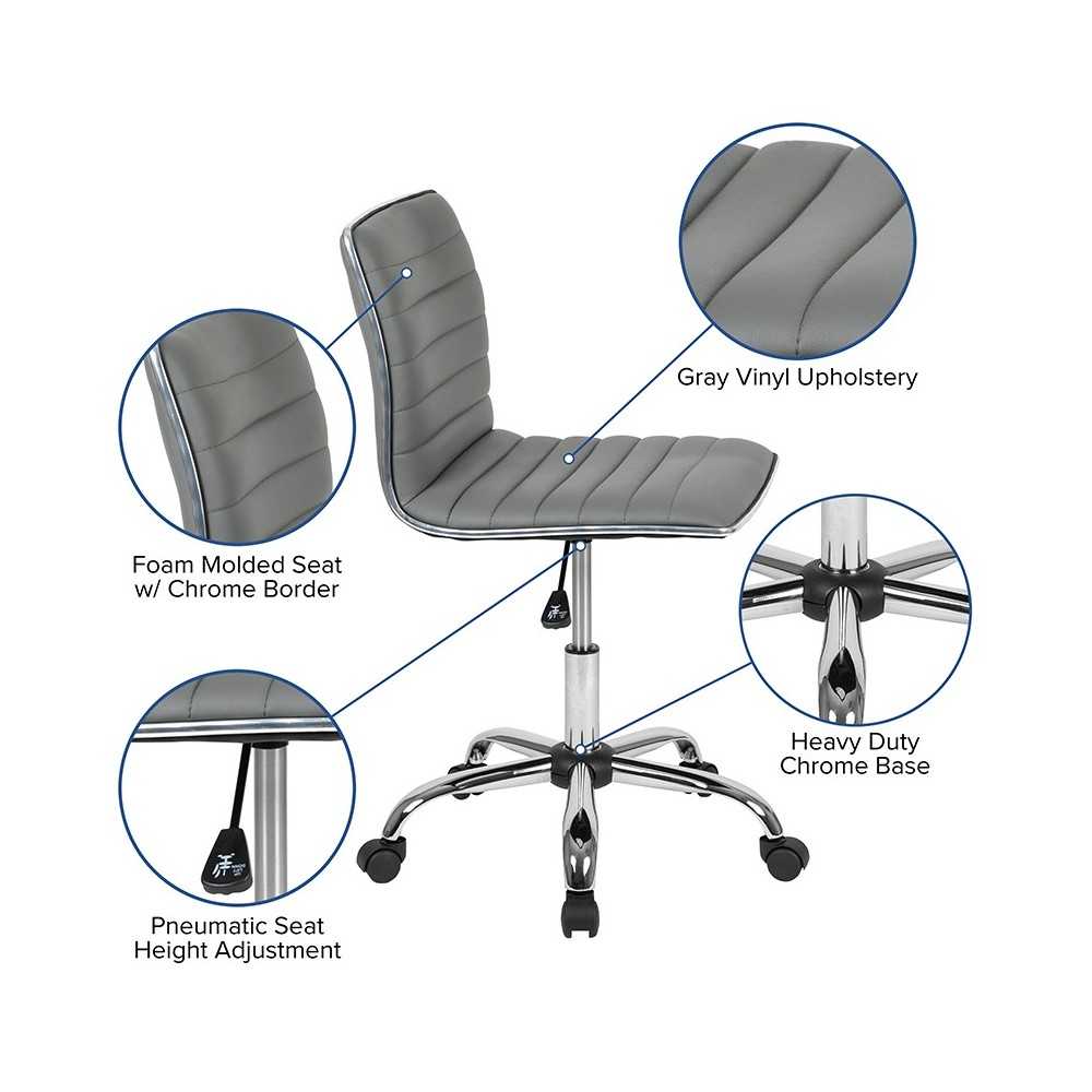 Low Back Designer Armless Light Gray Ribbed Swivel Task Office Chair