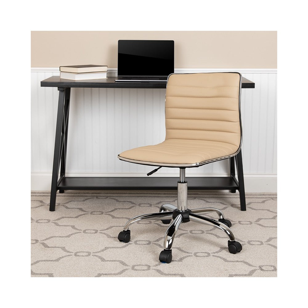 Low Back Designer Armless Tan Ribbed Swivel Task Office Chair