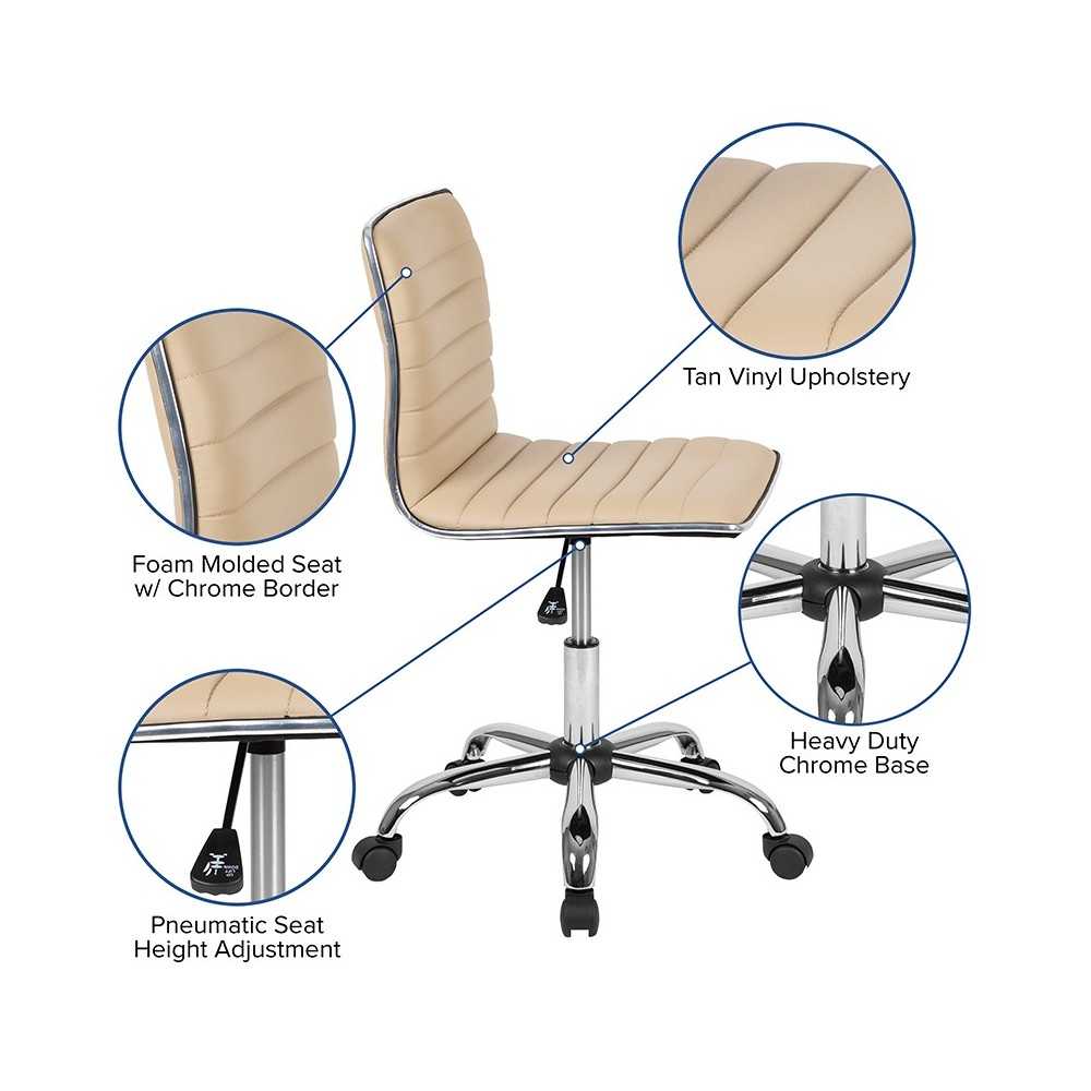 Low Back Designer Armless Tan Ribbed Swivel Task Office Chair