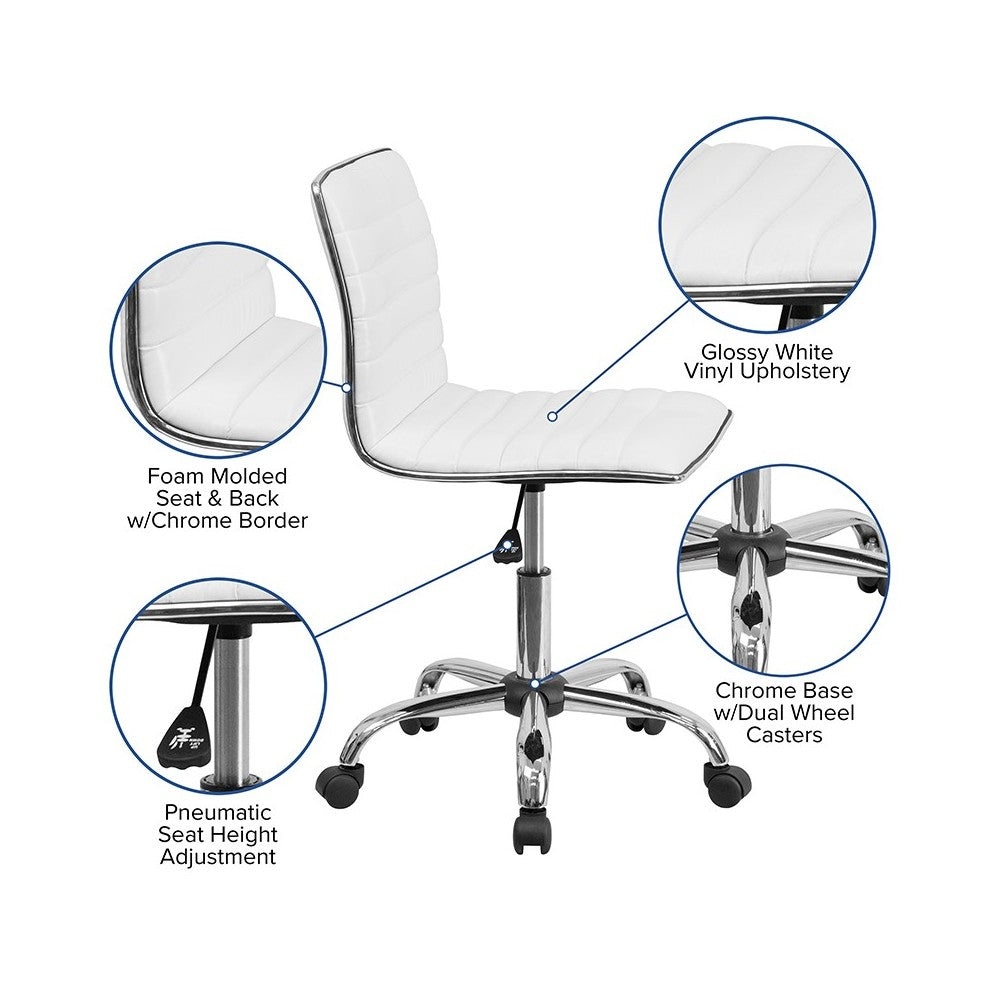 Low Back Designer Armless White Ribbed Swivel Task Office Chair