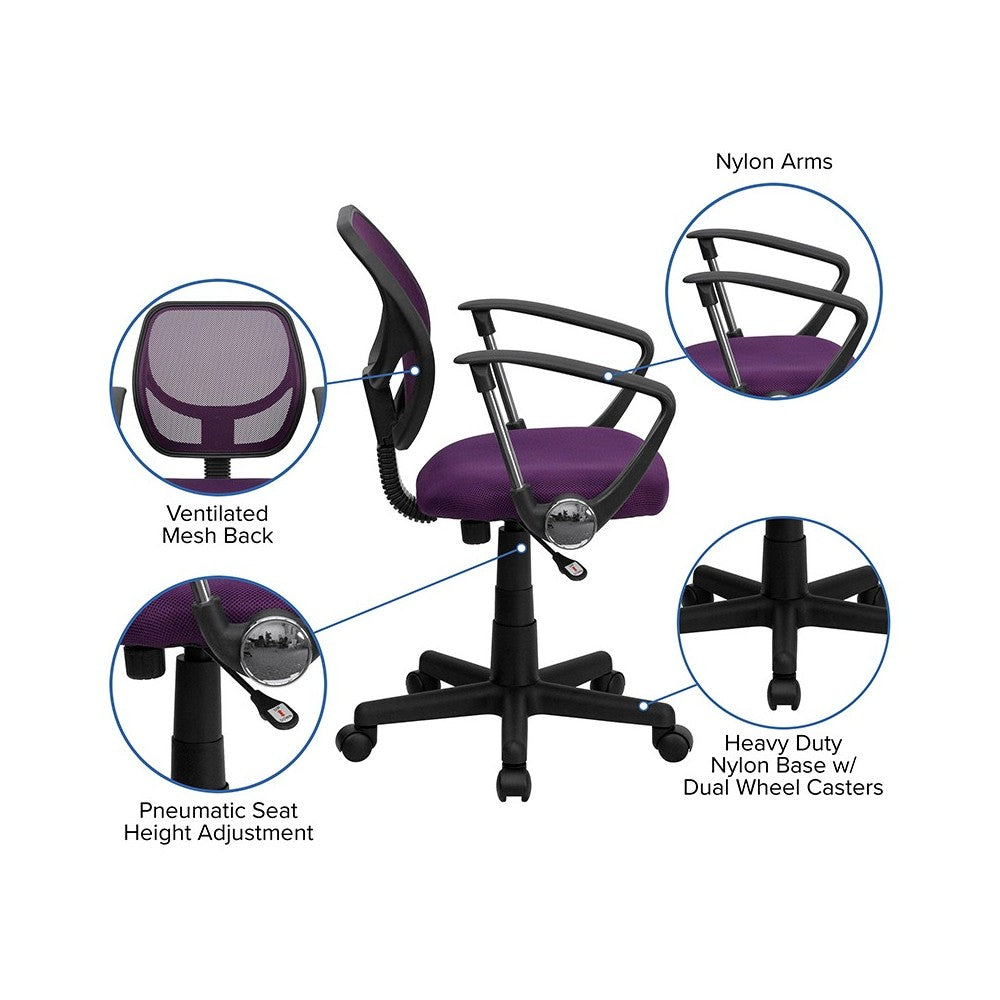 Low Back Purple Mesh Swivel Task Office Chair with Arms