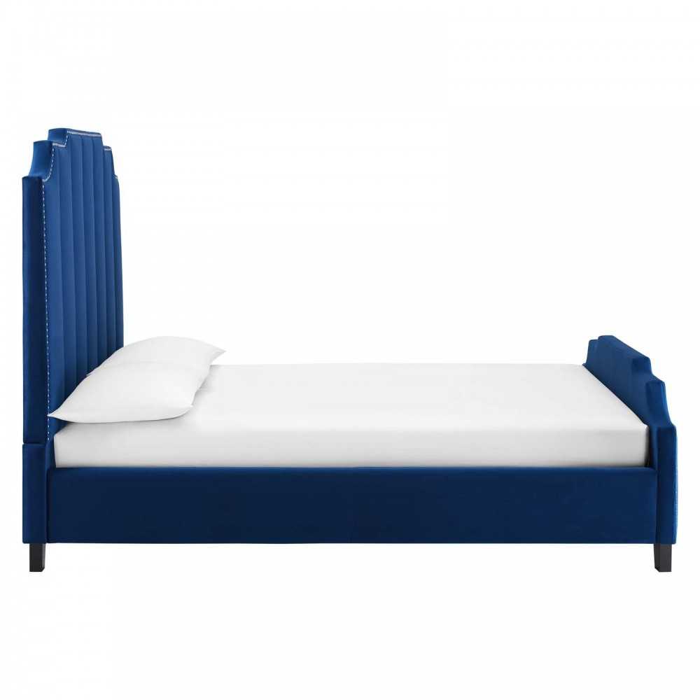 Lucille Queen Performance Velvet Platform Bed, Navy