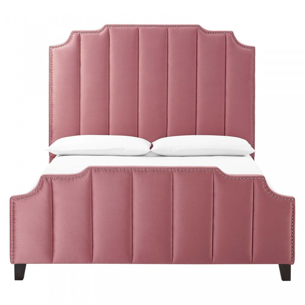 Lucille Queen Performance Velvet Platform Bed, Dusty Rose