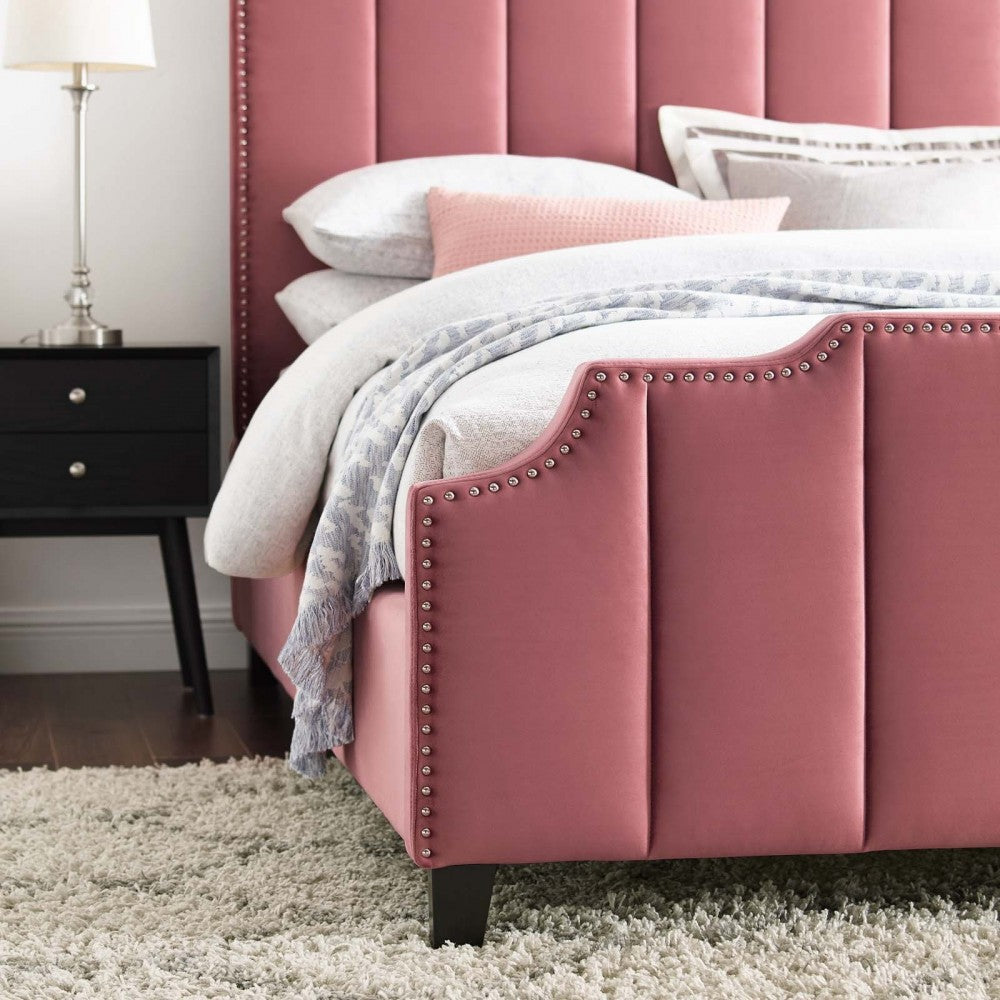 Lucille Queen Performance Velvet Platform Bed, Dusty Rose