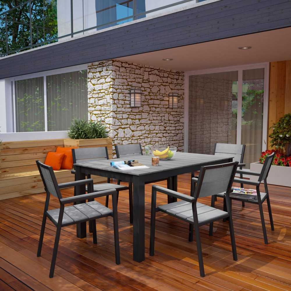 Maine 7 Piece Outdoor Patio Dining Set, Brown Gray, EEI-1749-BRN-GRY-SET