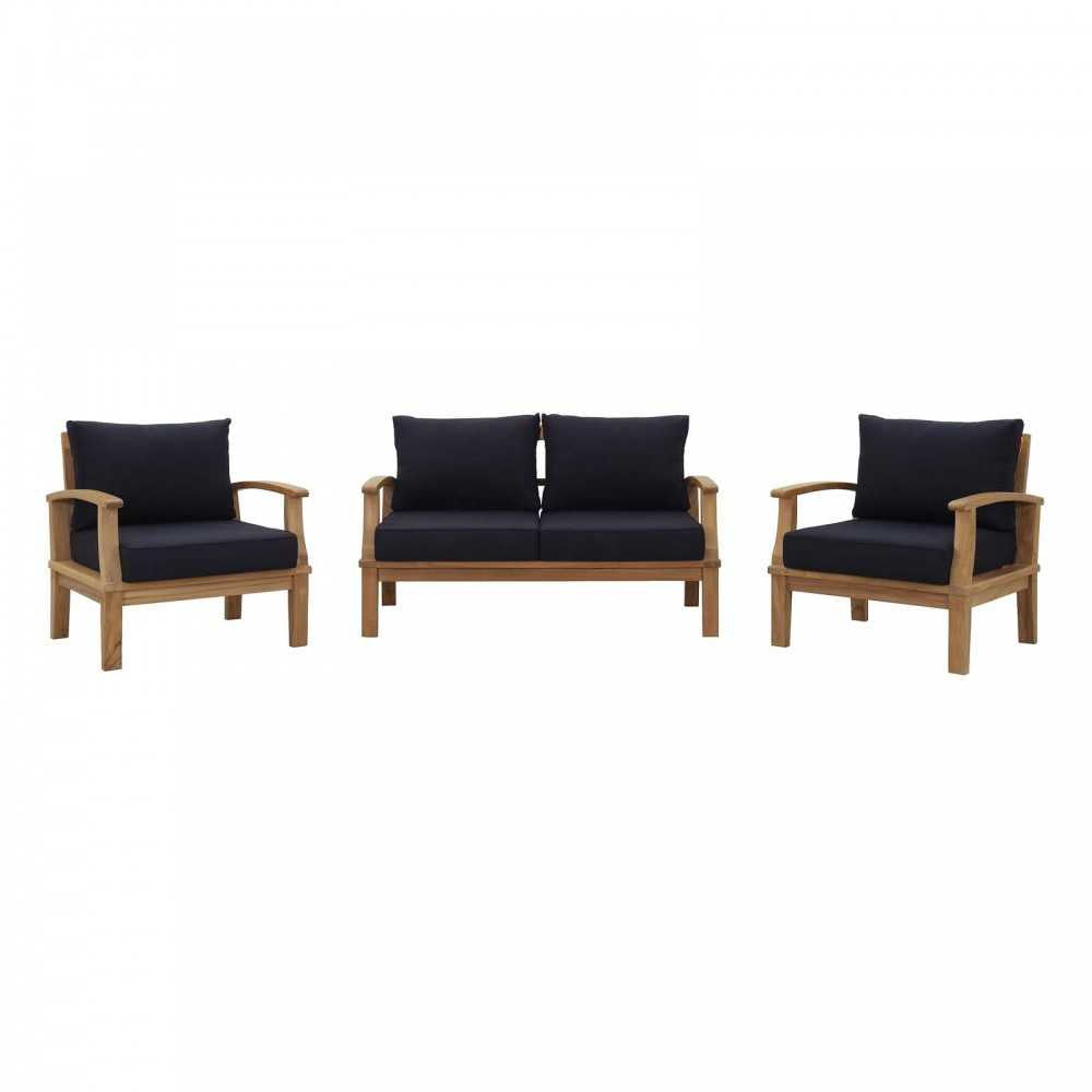 Marina 3 Piece Outdoor Patio Teak Set, Natural Navy, EEI-1470-NAT-NAV-SET