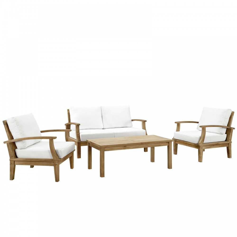 Marina 4 Piece Outdoor Patio Teak Set, Natural White, EEI-1469-NAT-WHI-SET