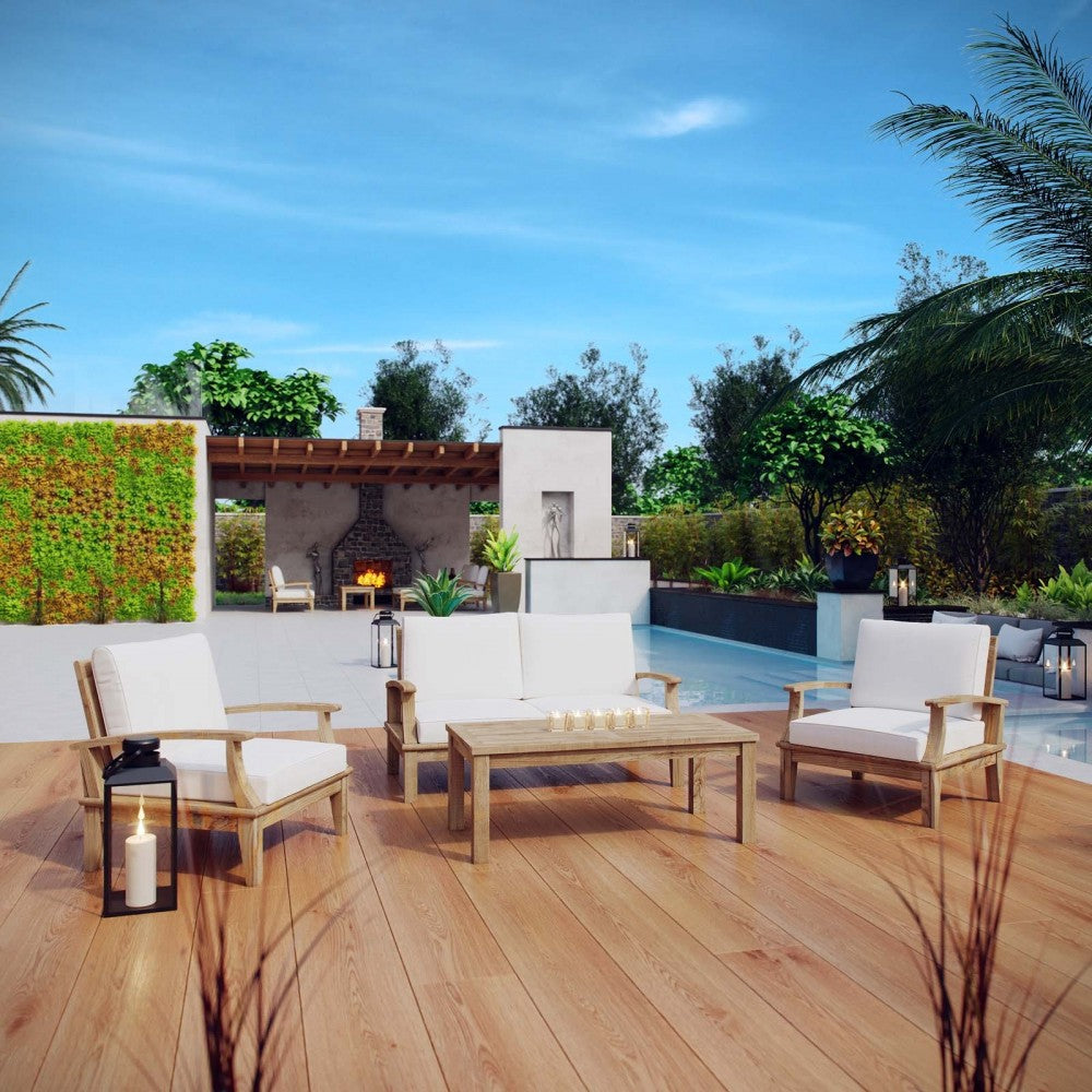 Marina 4 Piece Outdoor Patio Teak Set, Natural White, EEI-1469-NAT-WHI-SET