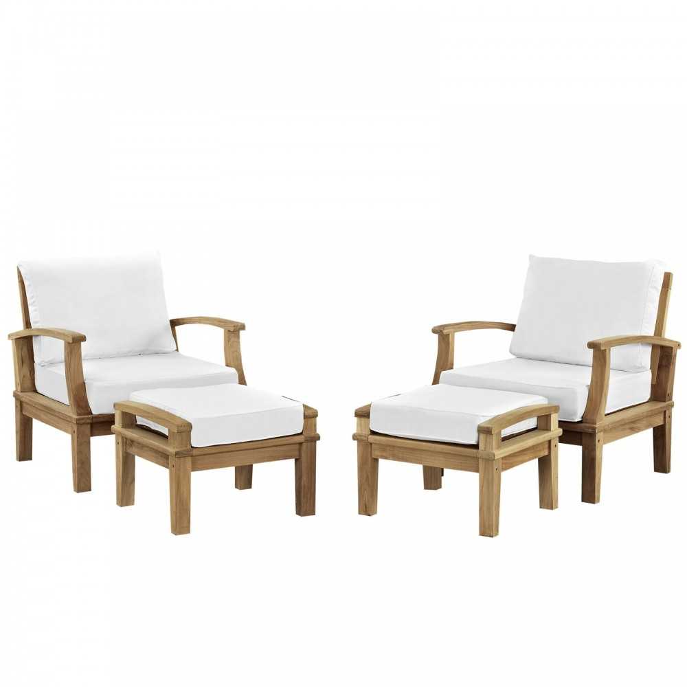 Marina 4 Piece Outdoor Patio Teak Set, Natural White, EEI-1537-NAT-WHI-SET