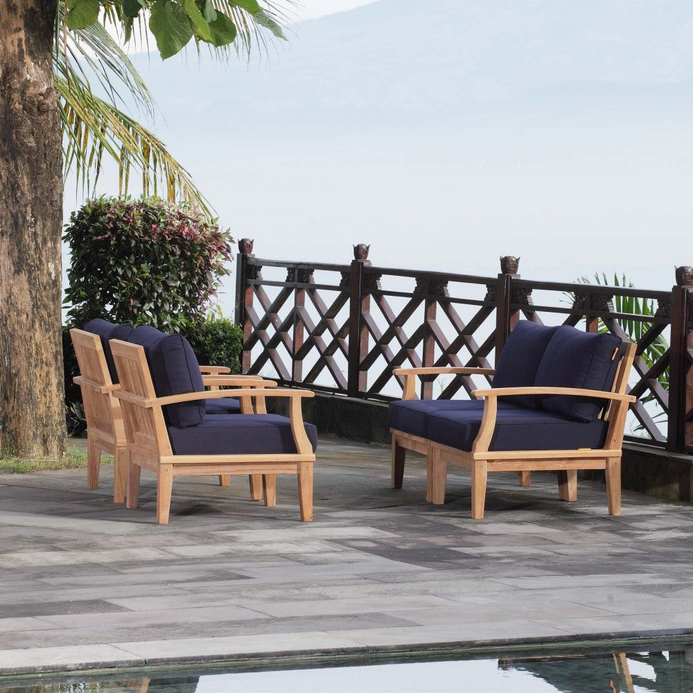 Marina 4 Piece Outdoor Patio Teak Set, Natural Navy, EEI-1818-NAT-NAV-SET