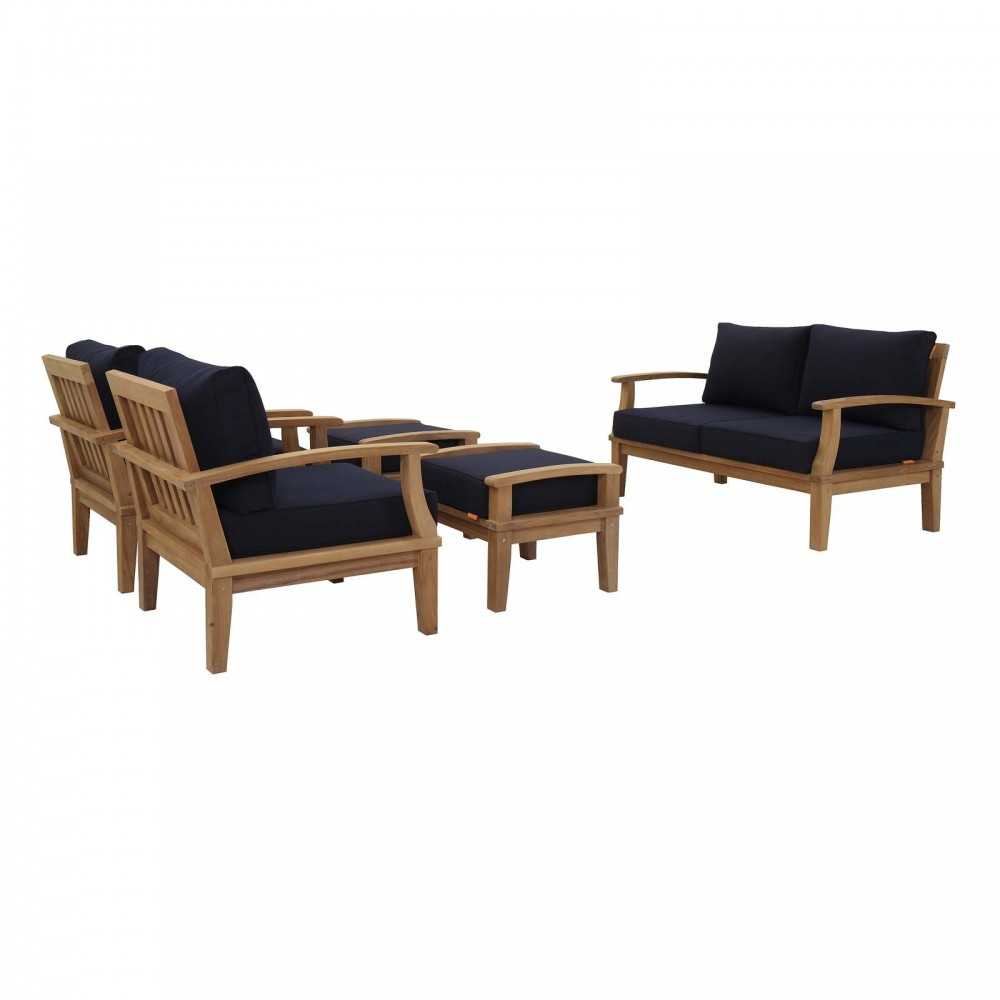 Marina 5 Piece Outdoor Patio Teak Set, Natural Navy, EEI-1472-NAT-NAV-SET