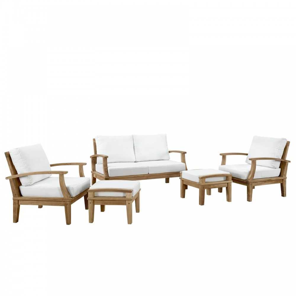 Marina 5 Piece Outdoor Patio Teak Set, Natural White, EEI-1472-NAT-WHI-SET