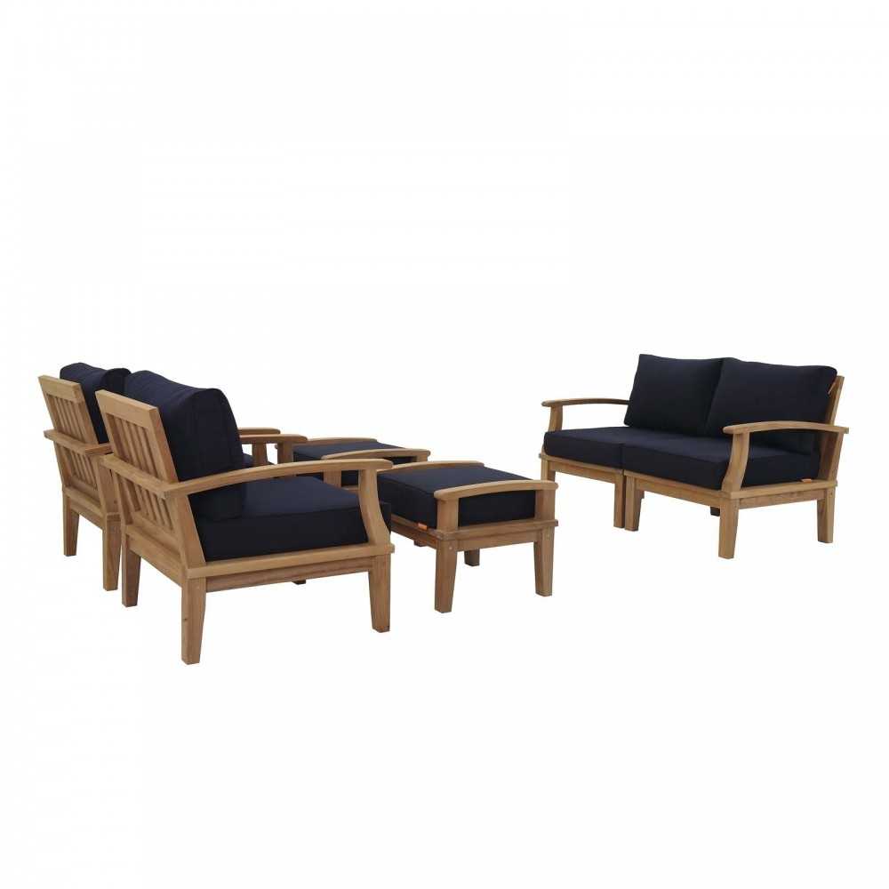 Marina 6 Piece Outdoor Patio Teak Set, Natural Navy, EEI-1597-NAT-NAV-SET