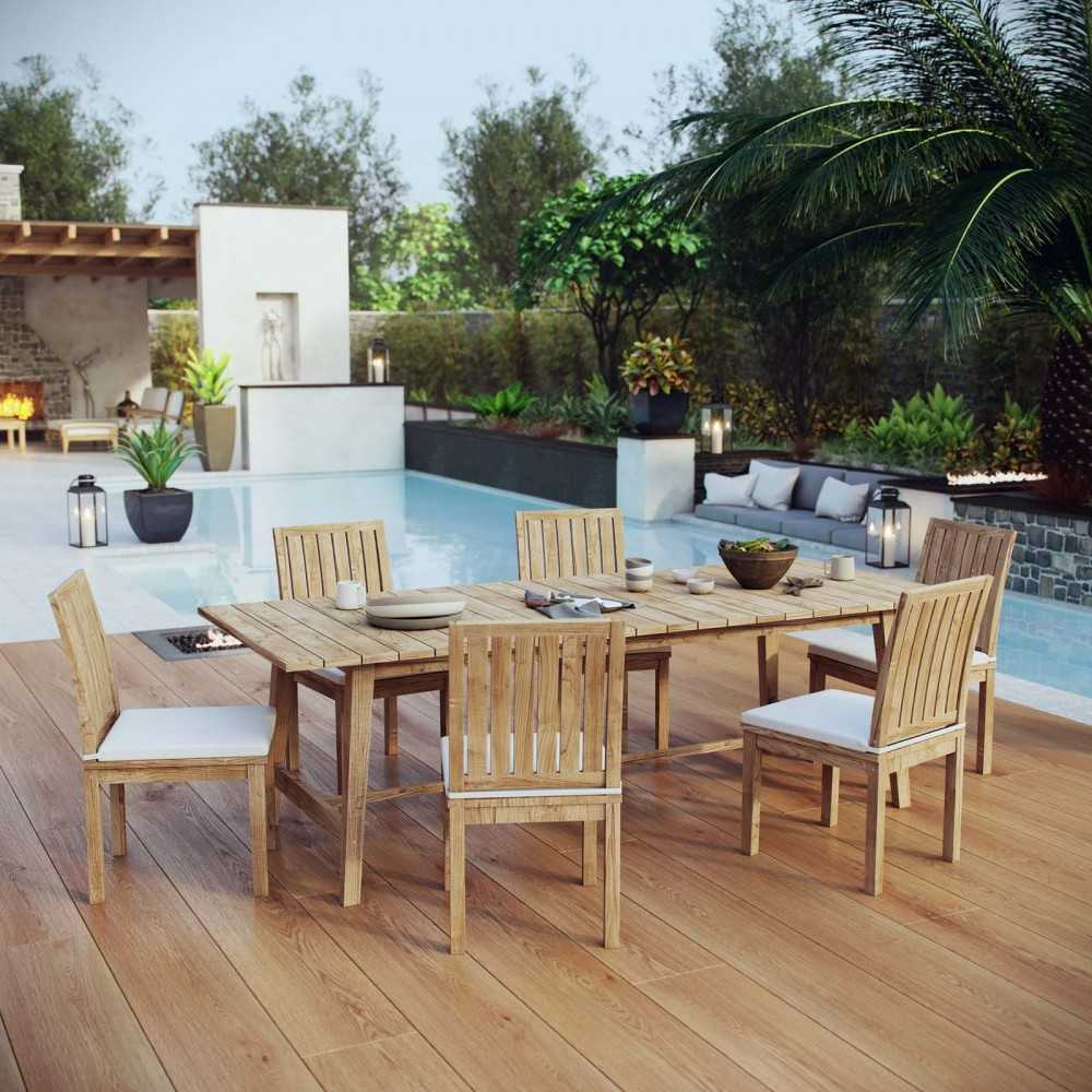 Marina 7 Piece Outdoor Patio Teak Dining Set, Natural White, EEI-3307-NAT-WHI-SET