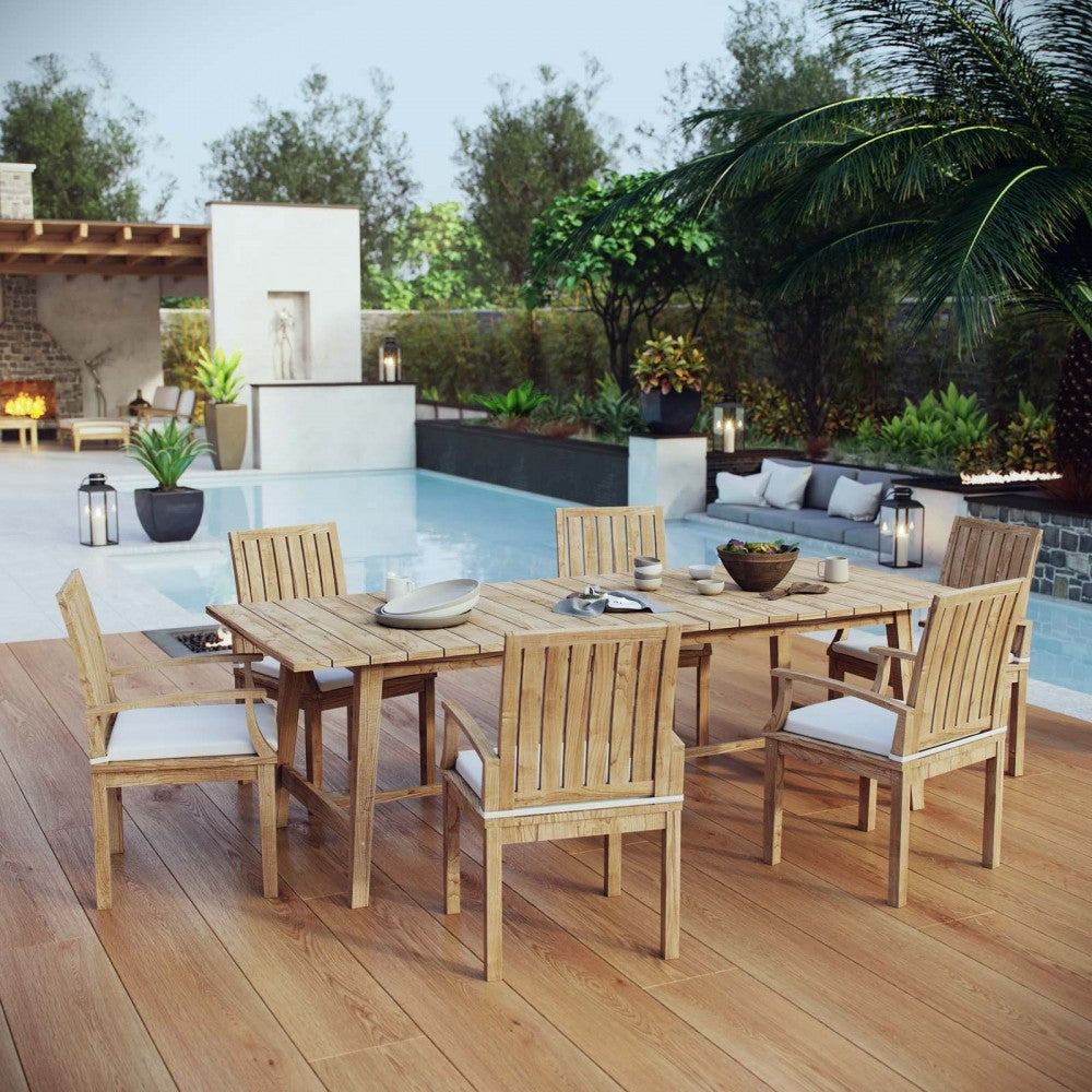 Marina 7 Piece Outdoor Patio Teak Dining Set, Natural White, EEI-3308-NAT-WHI-SET