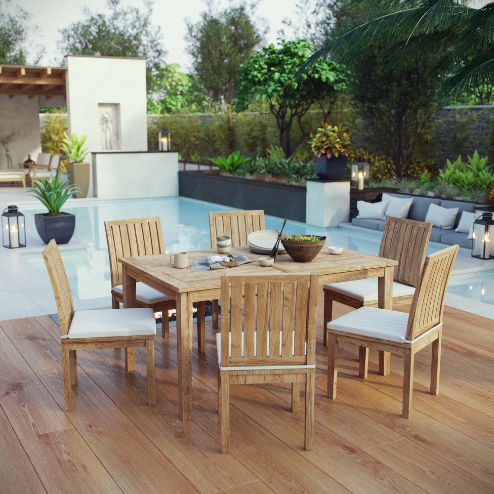 Marina 7 Piece Outdoor Patio Teak Dining Set, Natural White, EEI-3293-NAT-WHI-SET