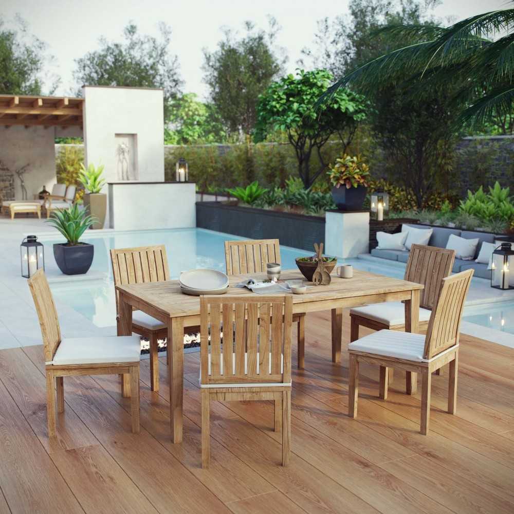 Marina 7 Piece Outdoor Patio Teak Dining Set, Natural White, EEI-3294-NAT-WHI-SET