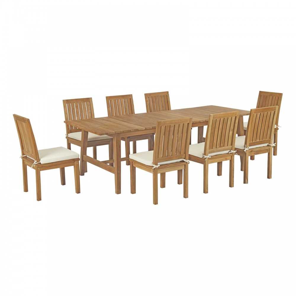 Marina 9 Piece Outdoor Patio Teak Dining Set, Natural White, EEI-3311-NAT-WHI-SET