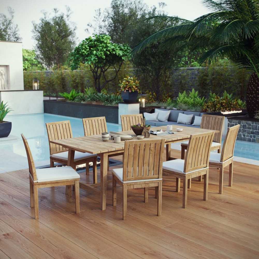 Marina 9 Piece Outdoor Patio Teak Dining Set, Natural White, EEI-3311-NAT-WHI-SET