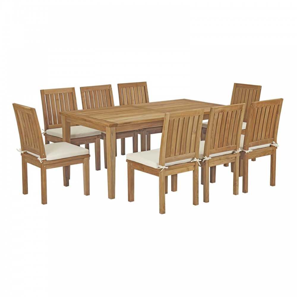 Marina 9 Piece Outdoor Patio Teak Dining Set, Natural White, EEI-3315-NAT-WHI-SET