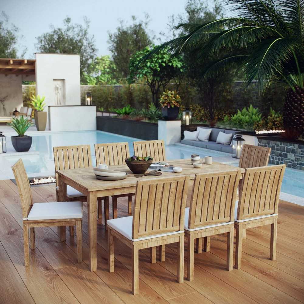 Marina 9 Piece Outdoor Patio Teak Dining Set, Natural White, EEI-3315-NAT-WHI-SET