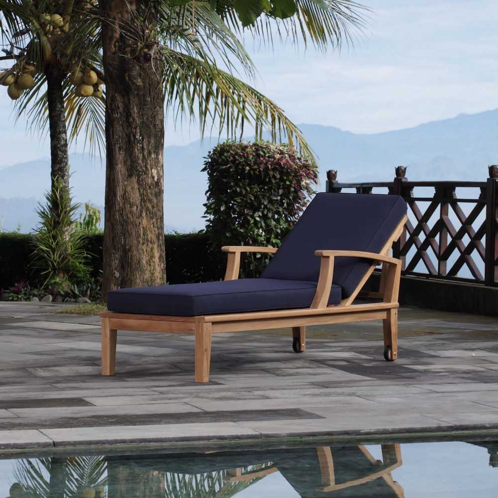 Marina Outdoor Patio Teak Single Chaise, Natural Navy