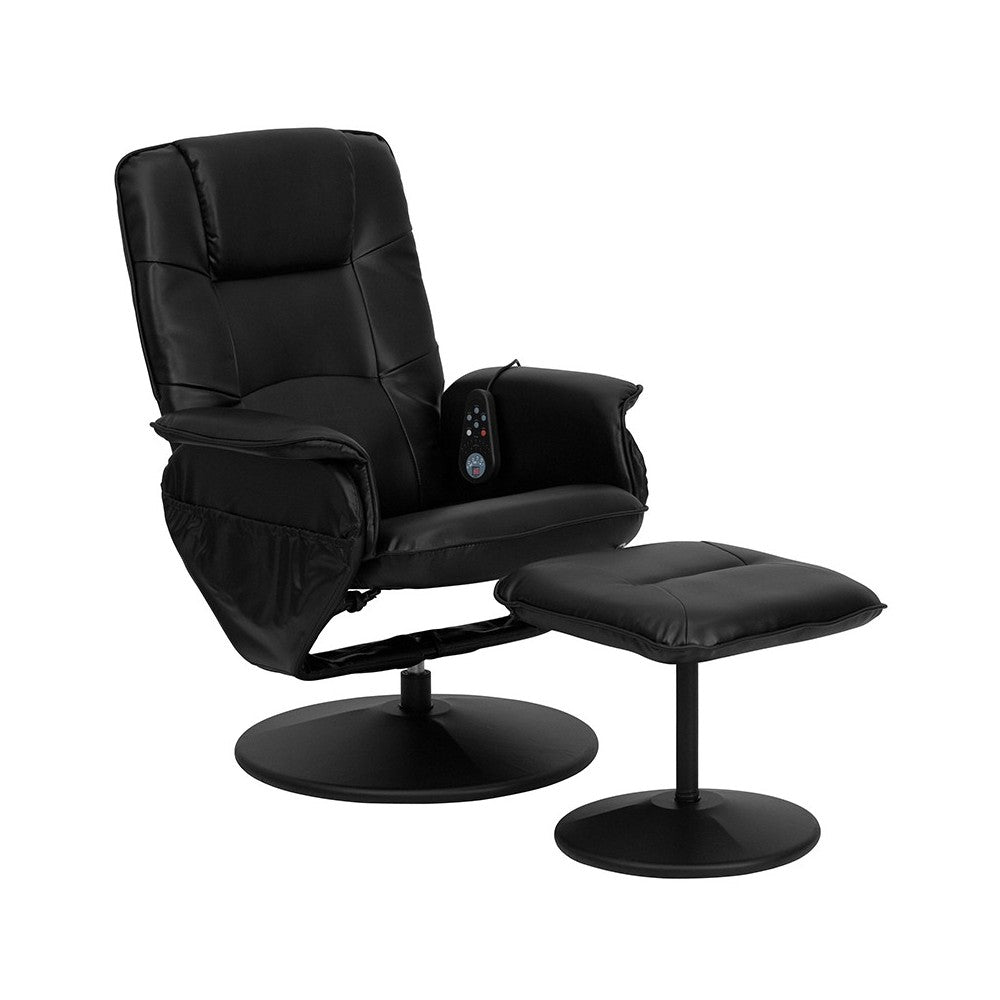 Massaging Adjustable Recliner with Deep Side Pockets and Ottoman with Wrapped Base in Black LeatherSoft