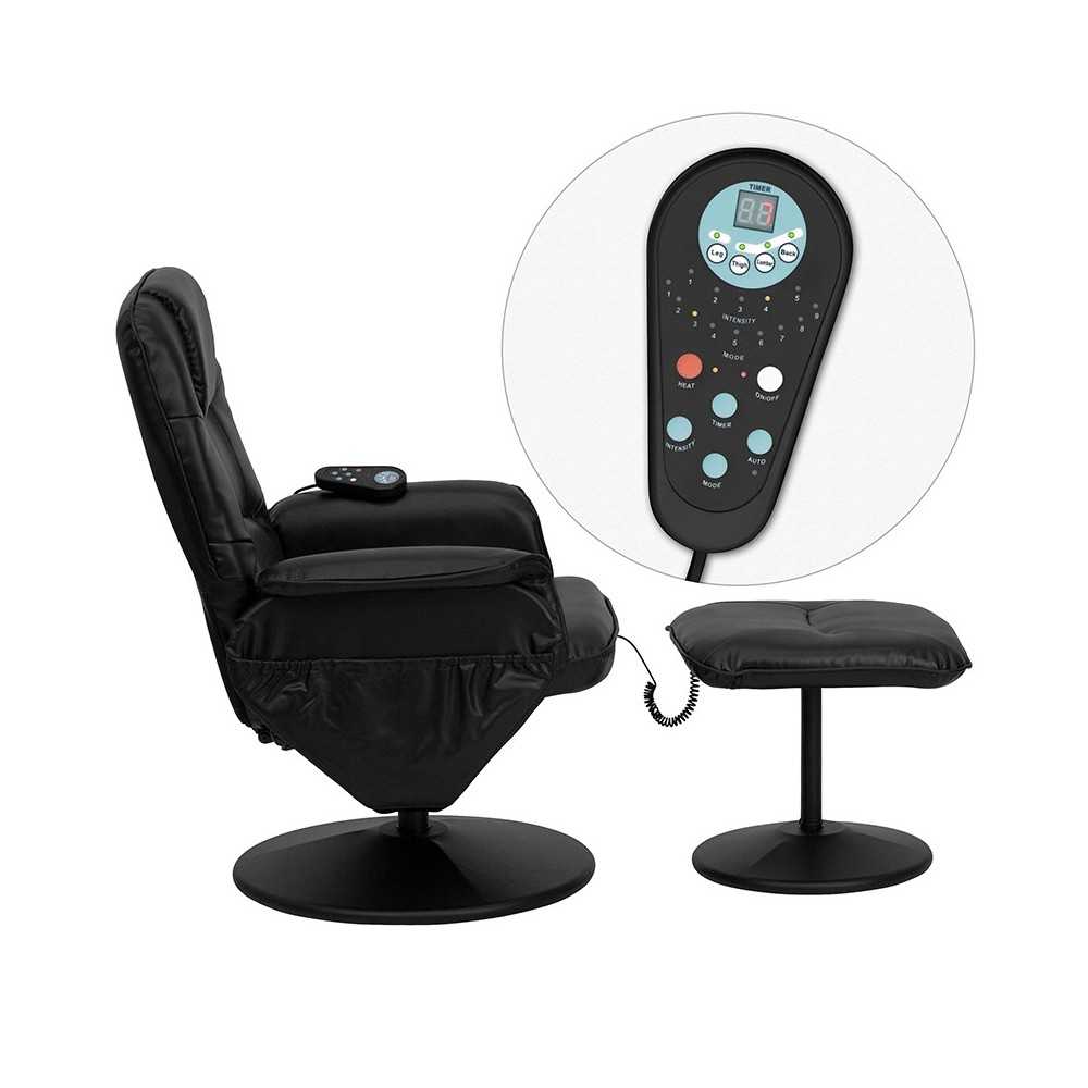 Massaging Adjustable Recliner with Deep Side Pockets and Ottoman with Wrapped Base in Black LeatherSoft