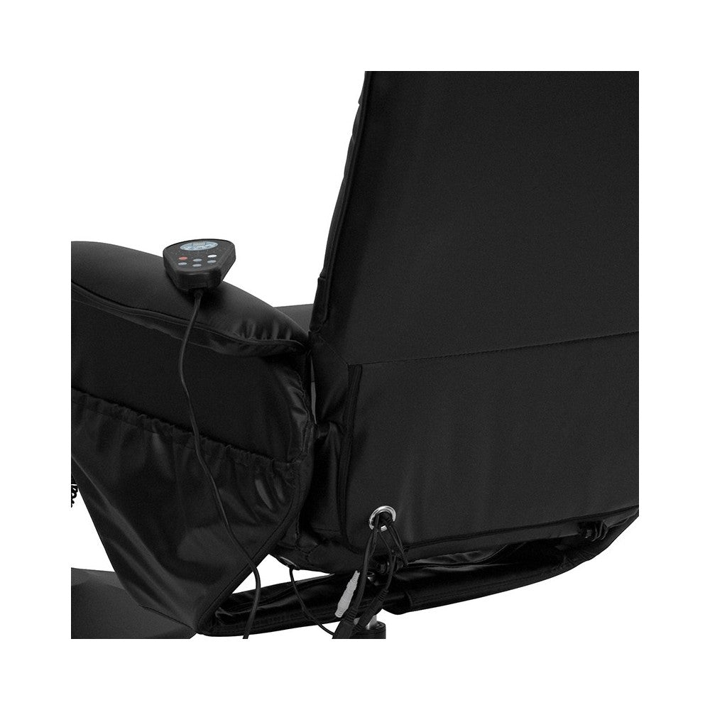 Massaging Adjustable Recliner with Deep Side Pockets and Ottoman with Wrapped Base in Black LeatherSoft