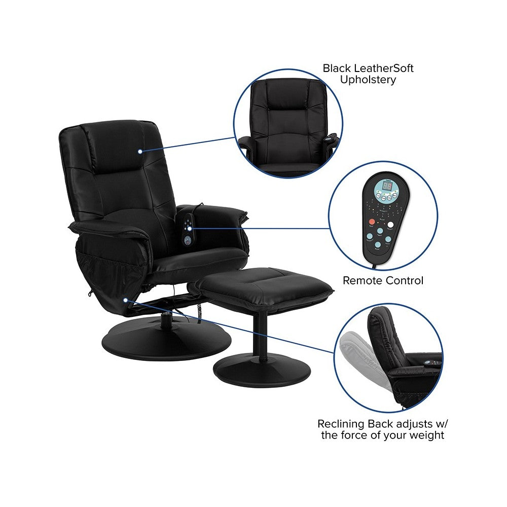 Massaging Adjustable Recliner with Deep Side Pockets and Ottoman with Wrapped Base in Black LeatherSoft