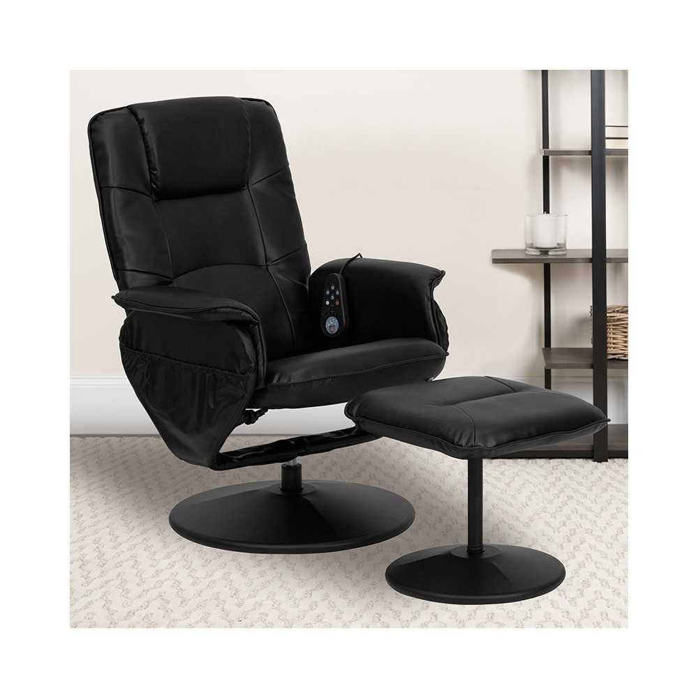 Massaging Adjustable Recliner with Deep Side Pockets and Ottoman with Wrapped Base in Black LeatherSoft