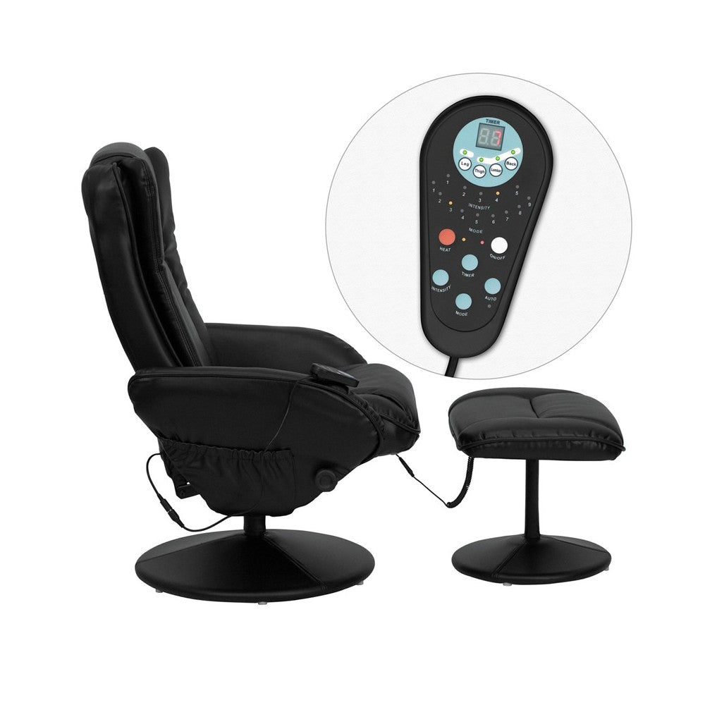 Massaging Multi-Position Plush Recliner with Side Pocket and Ottoman in Black LeatherSoft