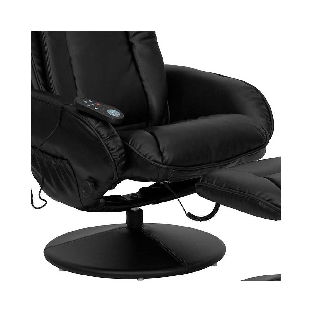 Massaging Multi-Position Plush Recliner with Side Pocket and Ottoman in Black LeatherSoft