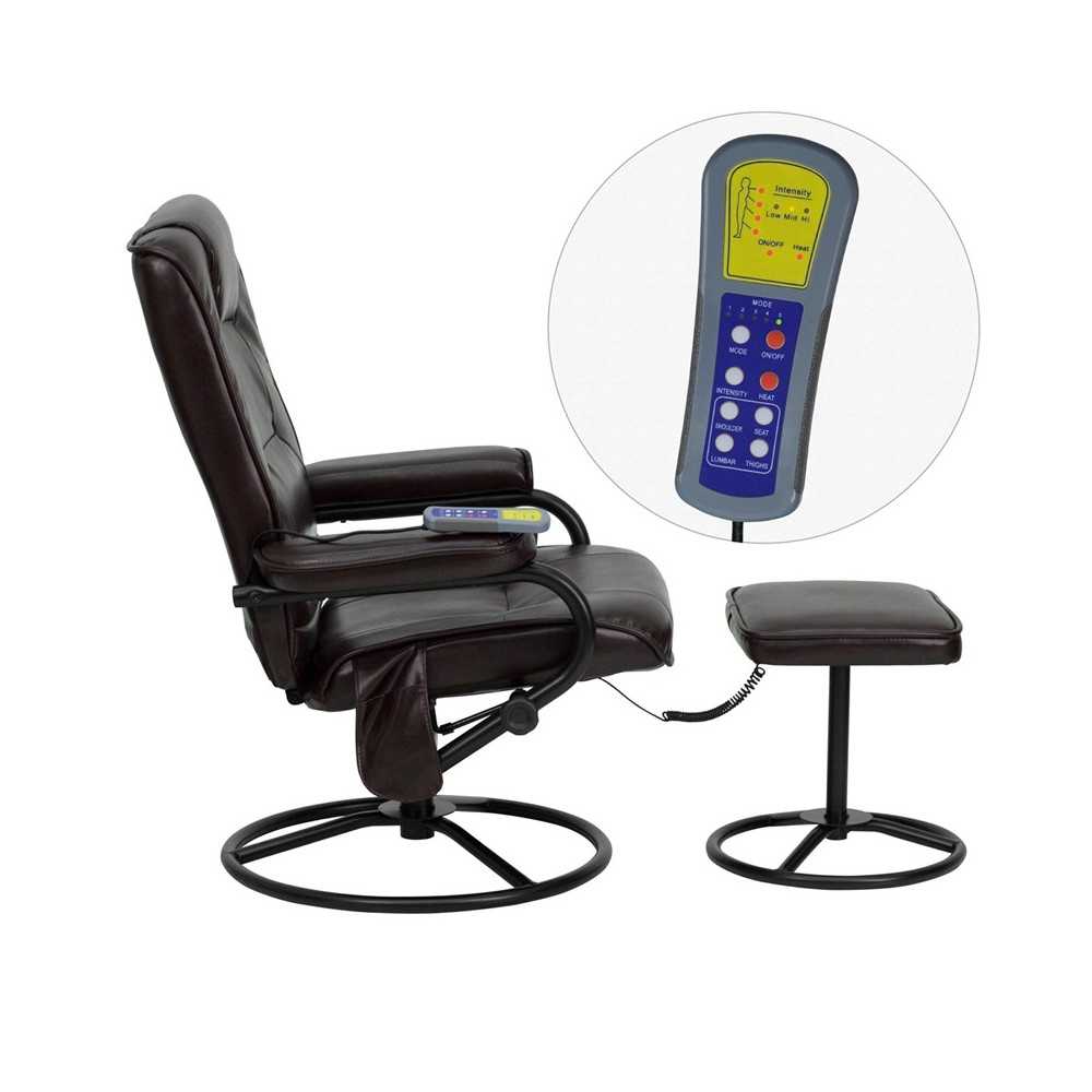 Massaging Multi-Position Recliner and Ottoman with Metal Bases in Brown LeatherSoft