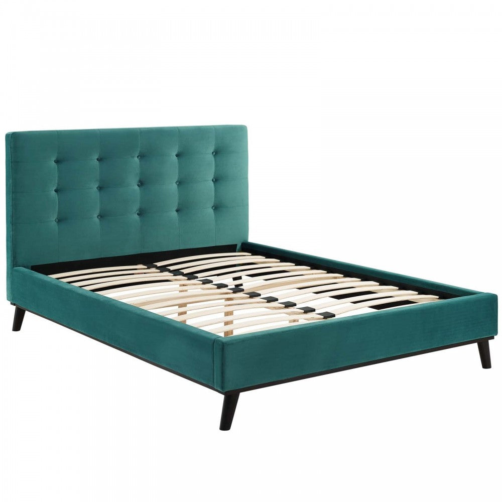 McKenzie Queen Biscuit Tufted Performance Velvet Platform Bed, Teal